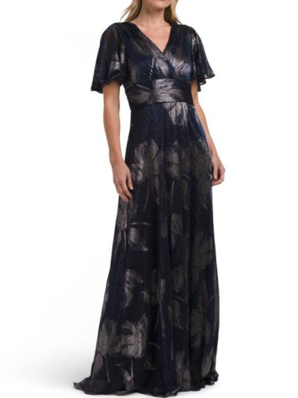 BETSY & ADAM Flutter Sleeve Foil Long Gown